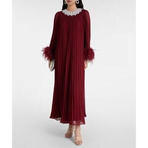 Self Portrait Red Embellished Feather-Trimmed Chiffon Maxi Dress US 4